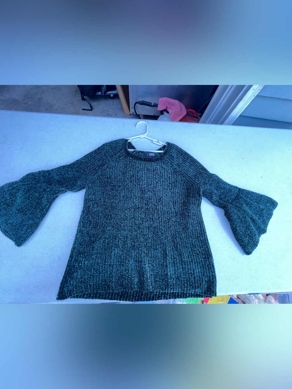 a.n.a Dark Green Chenille Crewneck Sweater with Bell Sleeves